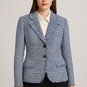 Escada Blue and White Tailored Blazer with Fringe Detail